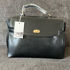 Cavalli Class Black Satchel with Gold Accents